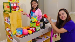 Emma Pretend Play Shopping with Giant Grocery Store Super Market Toy [upl. by Bega]