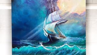 HOW TO PAINT A STORMY SEASCAPE AND SHIP  ACRYLIC PAINTING TUTORIAL [upl. by Koss389]