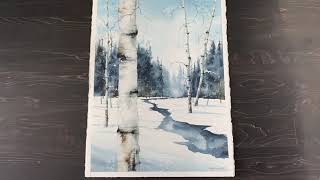 Watercolor painting Winter landscape ”Blue Birch River”step by step tutorial [upl. by Allix]