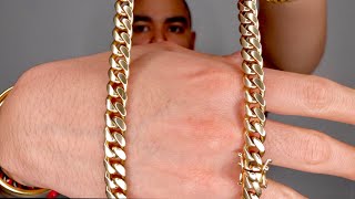 10mm Yellow Gold Miami Curb Cuban Link Chain STORYSIZINGON NECK REVIEW  Ariel Rosado [upl. by Nicol]