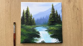 Acrylic Painting for Beginners  Forest Trees Mountain Landscape Painting [upl. by Veronica]