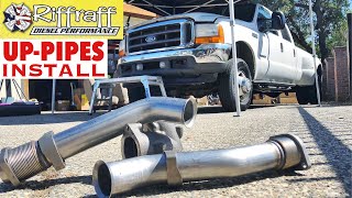 2001 F350 73  RiffRaff UpPipes Install  Stock up pipes leaking and falling apart JUNK SP [upl. by Killie705]