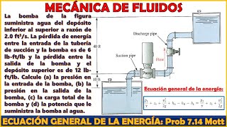 ECUACIÓN GENERAL DE LA ENERGÍA  Perdidas de Energía y Ganancias por Bombas  Prob 714 Robert Mott [upl. by Eyllib]