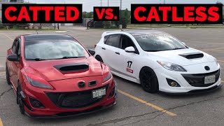 CATLESS vs CATTED DOWNPIPE Mazdaspeed 3 COMPARISON  Which Sounds Better REVS 2 STEP DRIVEBYS [upl. by Phemia]