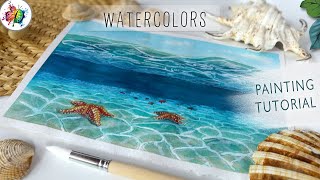 Step by Step WATERCOLOR TUTORIAL underwater ocean starfish [upl. by Ihp]