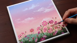 Cosmos Flowers  Landscape  Easy acrylic painting for beginners  PaintingTutorial  Painting ASMR [upl. by Nwahsem764]