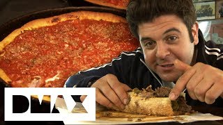 Adam Devours 2 Chicago Style Dishes The Italian Beef Sandwich And Deep Dish Pizza  Man V Food [upl. by Annawaj149]