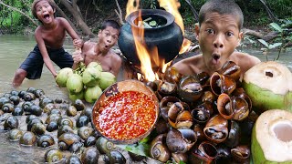 Primitive Technology  Kmeng Prey  Cooking Snails With Coconut [upl. by Ellegna784]