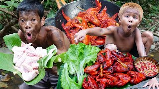 Primitive Technology  Kmeng Prey  Cooking Chicken Wing Recipe Eating Delicious [upl. by Aivuy226]