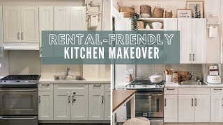 RENTALFRIENDLY KITCHEN APARTMENT MAKEOVER  DIY Faux Marble Countertop  Peel and Stick Tile [upl. by Wanfried]